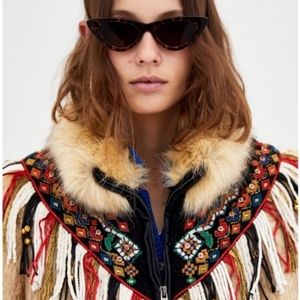 Zara Embroidered Fringe Faux Fur Coat/Jacket